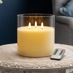 Flameless LED Candle Remote Control 3 Wick Smoked Glass Jar Real Wax Christow