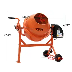 220W 230V Cement Mixer 63 L Electric Portable Concrete Mixer with Wheels HCM225,Orange