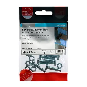 Timco - Set Screws & Hex Nuts - Grade 8.8 - Zinc (Size M6 x 25 - 6 Pieces)