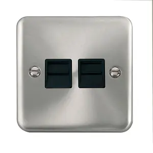 Curved Satin / Brushed Chrome Secondary Telephone Twin Socket - Black Trim - SE Home