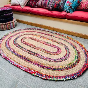 FIESTA Oval Rug Jute Hand Woven with Recycled Fabric / 120 cm x 180 cm