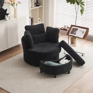 Chenille Swivel Armchair with 3 Back Cushion Pillow Ottoman Crescent Stool, Black 