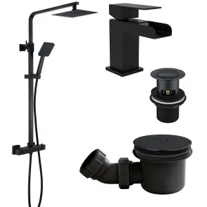 Matt Black Square Thermostatic Overhead Shower Kit with Z Waterfall Basin Tap and Shower Tray Waste