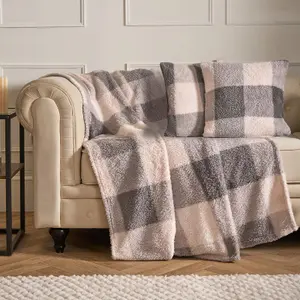 Gingham Teddy Fleece Throw Over Bed Blanket Check Warm, Grey - 150 x 200cm