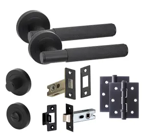 Knurled T-Bar Bathroom Door Handle Set Thumbturn and Dead Bolt BB Hinges Matt Black