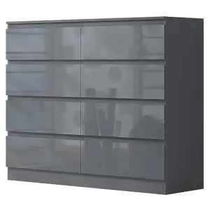 8 Drawer Grey Gloss Chest Of Drawers Large Deep Storage