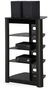 Centurion Supports Zinnia 5-Shelf Black Glass with Gloss Black Fascia Flat Screen TV/Hi-Fi/AV Rack Glass Stand