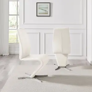 Set of 2 Willow White Soft Touch Faux Leather Z Shaped Metal Cantilever Chrome Leg Dining Chair