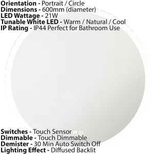 600mm Round IP44 LED Bathroom Mirror & Demister - Tunable White Diffused Border