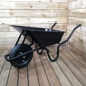 90 Litre 150kg Capacity Heavy Duty Outdoor Galvanised Pneumatic Metal Garden Wheelbarrow in Black