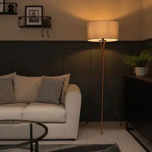 ValueLights Camden Modern Copper Metal Tripod Floor Lamp with Pale Grey Cylinder Shade - Includes 6w LED Bulb 3000K Warm White