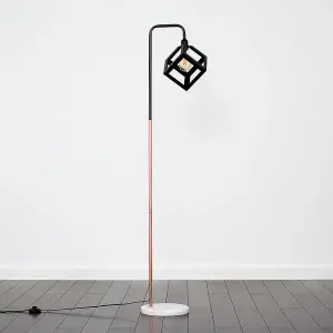 ValueLights Talisman Black Copper Metal and White Marble Base Floor Lamp with Black Puzzle Cube Shade