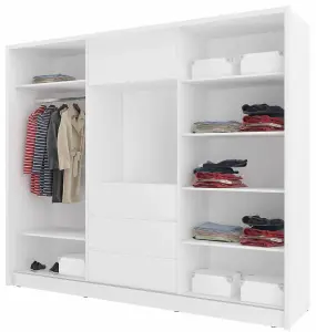 Contemporary 2 Mirrored Sliding Door Wardrobe TV Area 6 Shelves 1 Rail 3 Drawers 1 Cabinet White Matt (H)2140mm (W)2540mm (D)600mm