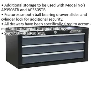 Lockable 3 Drawer Tool Chest - 605 x 310 x 275mm Black Storage Cabinet