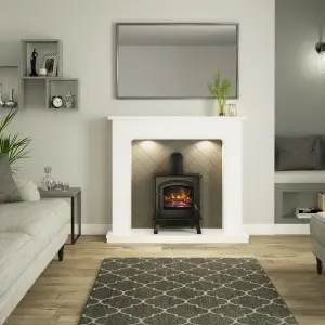 Be Modern Fontwell White marble & grey herringbone effect Freestanding Electric Stove suite with lights