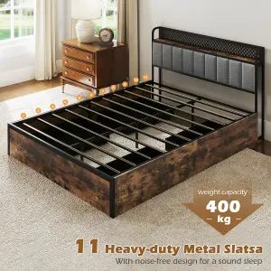 COSTWAY King Size Metal Bed Frame with LED Lights & 4 Storage Drawers