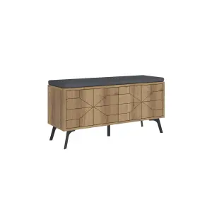 Decortie Modern Dune Shoe Storage Bench Dark Oak Effect with Fabric Seat 4 Doors Cabinet 107(W)cm Metal Legs Organizer Hallway