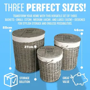 Set Of 3 Laundry Wicker Baskets With Lids Hamper Washing Bin Clothes Storage Bedroom Multi Usage Includes Lids & Liner