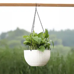 3Pcs White Decorative Hanging Round Plastic Plant Pot Set with Drainage Holes and Chains