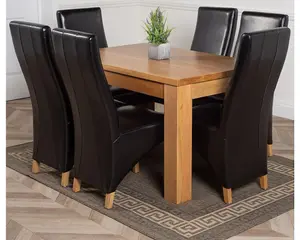 Dakota 152 x 87 cm Chunky Medium Oak Dining Table and 6 Chairs Dining Set with Lola Black Leather Chairs