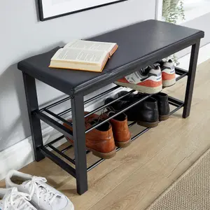 Home Source Sleaford Black Metal PU Upholstered Shoe Bench