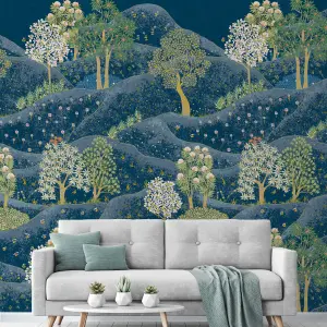 Grandeco Whimsy Landscape Scene 3 panel repeatable wallpaper Mural, 2.8 x 1.59m, Navy