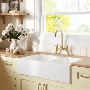 Fireclay Kitchen Bundle - Double Bowl Butler Sink, 2 x Wastes & Bridge Lever Tap, 895mm - Brushed Brass - Balterley