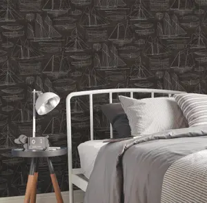 Galerie Deauville 2 Black White Nautical Blueprint Smooth Wallpaper