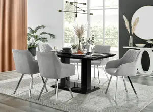 Imperia Black High Gloss 6 Seater Dining Table with Structural 2 Plinth Column Legs Light Grey Fabric Silver Leg Falun Chairs