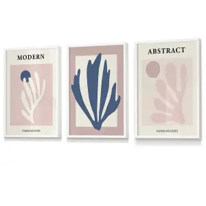 Set of 3 Matisse Style Floral Cut Out Navy & Pink Wall Art Prints / 30x42cm (A3) / White Frame