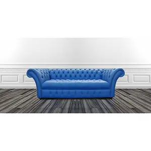 Chesterfield 3 Seater Buttoned Seat Deep Ultramarine Blue Leather Sofa Bespoke In Balmoral Style