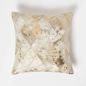 Homescapes Geometric Diamond Gold & Grey Leather Cushion 45 x 45 cm