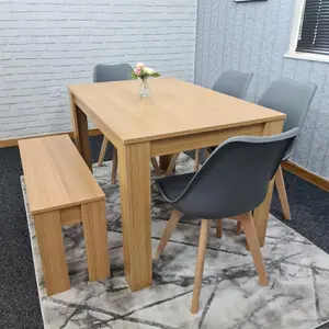 Dining Table and 4 Chairs With Bench Oak Effect Wood 4 Grey Plastic Leather Chairs Dining Room