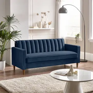 Furniturebox UK Velvet Sofa - 'Kit' 3 Seater Upholstered Navy Blue Fabric Sofa - Vertical Stitching - Modern Living Room Furniture