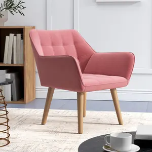 HOMCOM Velvet-Feel Accent Chair with Arms Slanted Back Wood Legs Pink