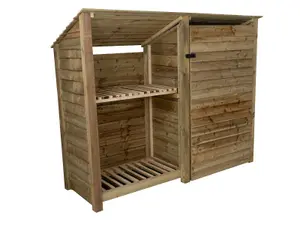 Wooden tool and log store (roof sloping back), garden storage with shelf W-227cm, H-180cm, D-88cm - natural (light green) finish