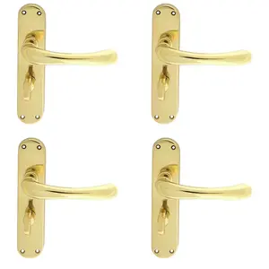 4 PACK - Smooth Rounded Bathroom Latch Door Handle - Polished Brass Lever on Backplate