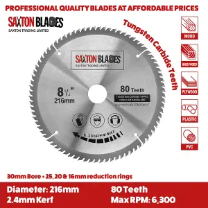 Saxton TCT21680T Saxton TCT Circular Wood Saw Blade 216mm x 80Teeth x 30mm Bore + 16, 20 and 25mm Rings