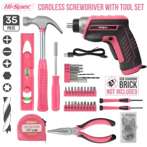 Hi-Spec 35pc Pink 3.6V USB Power Cordless Screwdriver & Home Repair Hand Tool Kit Set in a Tool Box