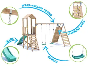 Dunster House Wooden Climbing Frame with Two Swings, Tall Climbing Wall & Slide BalconyFort Low Platform