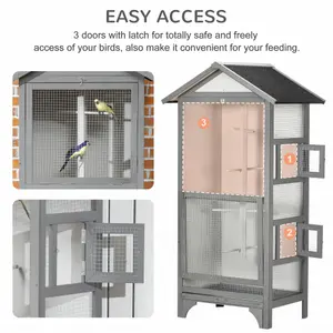 PawHut Wooden Bird Aviary, Outdoor Bird Cage for Finch, Canary w/ Tray - Grey