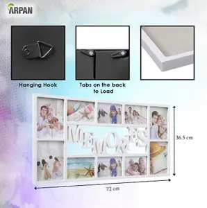 Arpan 10 Pictures Multi Aperture Photo Frame - White Wall Mount Memories Picture Frame with Front Polystyrene Sheet Holds 6 X 6''X