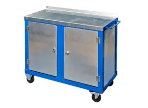 1000mm x 500mm x 840mm galvanised steel top tool trolley, double doors, mid shelf and castors