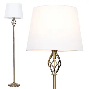 ValueLights Memphis Traditional Style Antique Brass Barley Twist Floor Lamp with White Tapered Light Shade