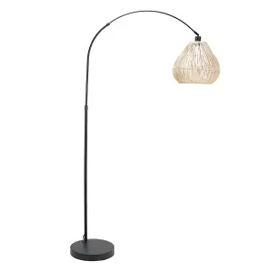 ValueLights Louis Black Arched Curved Floor Lamp with Rattan Teardrop Lamp Shade and LED Bulb