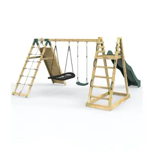 Rebo Wooden Pyramid Climbing Frame with Swings and 8.7ft Water Slide - Horseshoe