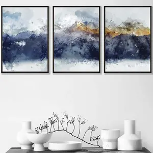 Set of 3 Abstract Navy Blue and Yellow Mountains Wall Art Prints / 42x59cm (A2) / Black Frame