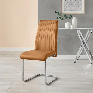 Furniturebox UK Lorenzo 2x Tan Faux Leather Silver Leg Dining Chair