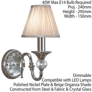 Diana Luxury Single Curved Arm Traditional Wall Light Nickel Crystal Beige Shade