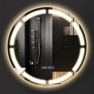 Bathroom Mirror with LED Lights, 600mm Round Wall Mounted Vanity Mirror Illuminated Makeup Mirror with Clock 3 Colour Temperature